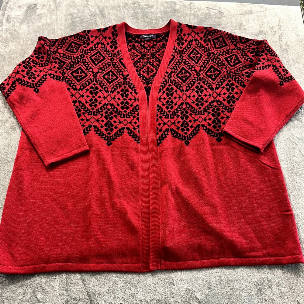 Roamans Womens Red Black Geometric Cardigan Sweater 2X 26/28 Holiday Open Front